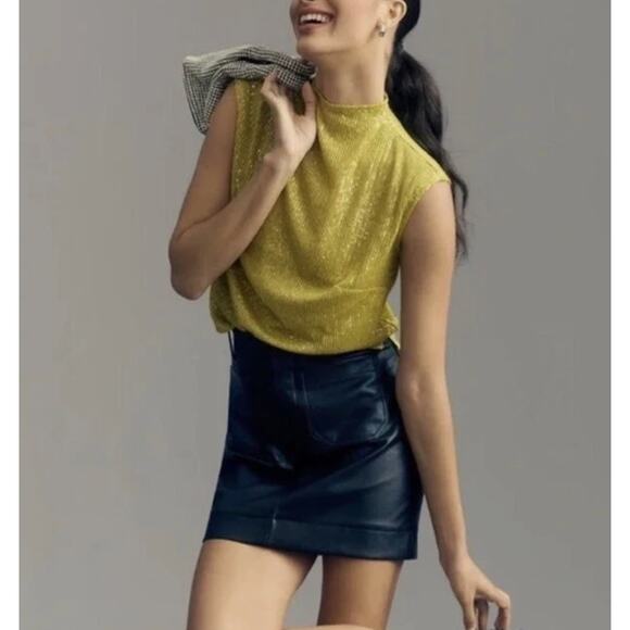 Anthropologie Top Women M Chartreuse Sequin Mock Neck Blouse Party Shell Tank - Picture 8 of 8